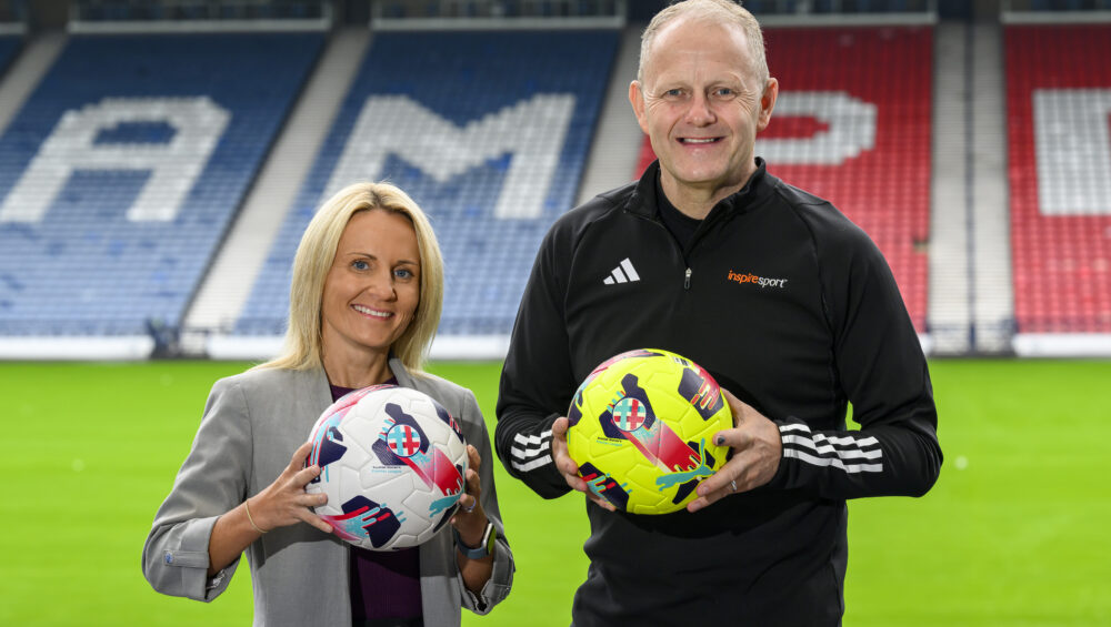 Fiona McIntyre, Managaing Director of the SWPL and Jed McCabe, inspiresport, Head of Sales for Northern Ireland and Scotland at the launch of the partnership between the SWPL and Inspire Sport at Hampden Park, Glasgow, Scotland on 16 July 2024.