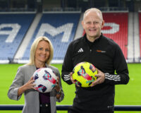 Fiona McIntyre, Managaing Director of the SWPL and Jed McCabe, inspiresport, Head of Sales for Northern Ireland and Scotland at the launch of the partnership between the SWPL and Inspire Sport at Hampden Park, Glasgow, Scotland on 16 July 2024.