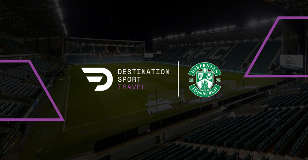 A graphic showing the logos of Destination Sport Travel and Hibernian FC to announce their new partnership